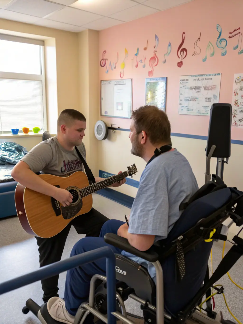 A musician playing a soothing melody on a guitar for a small group of patients in a hospital room. The atmosphere is calm and peaceful, highlighting the healing power of music.
