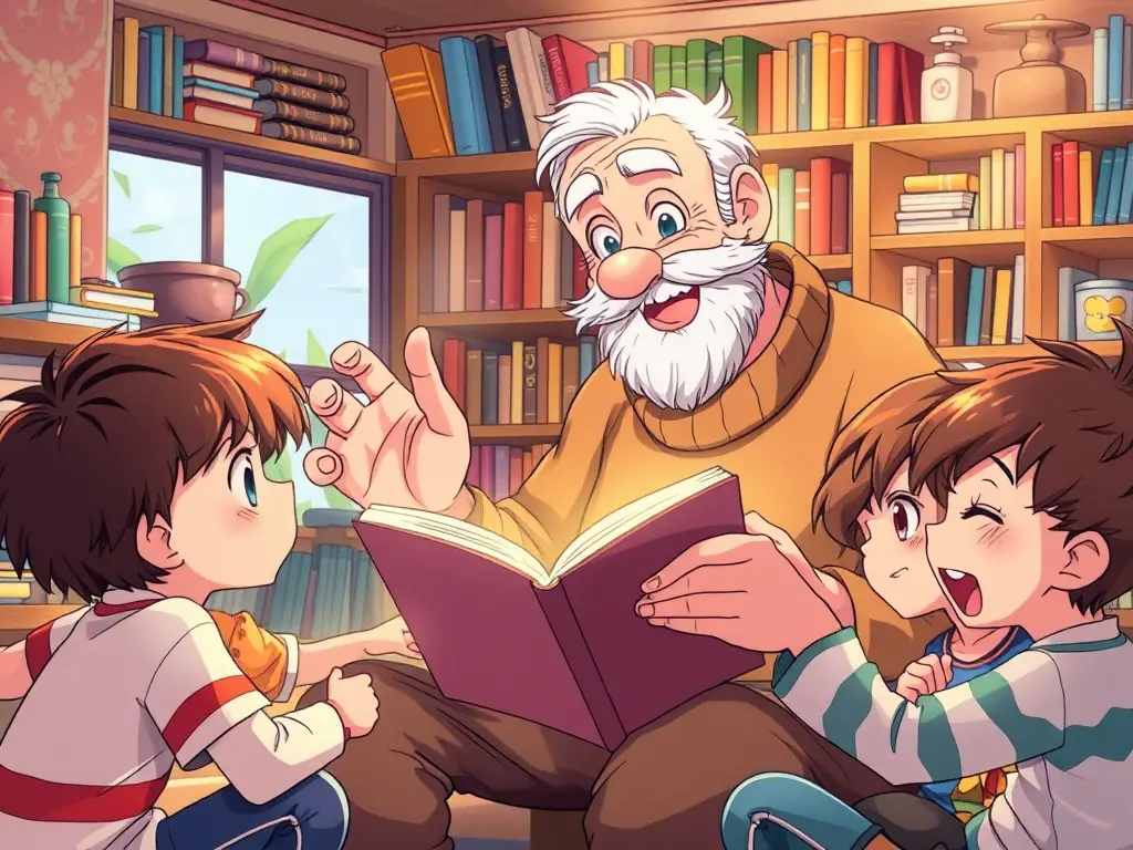 An image depicting a group of patients participating in a storytelling session, with a storyteller animatedly sharing a tale and patients listening attentively with expressions of wonder and amusement.