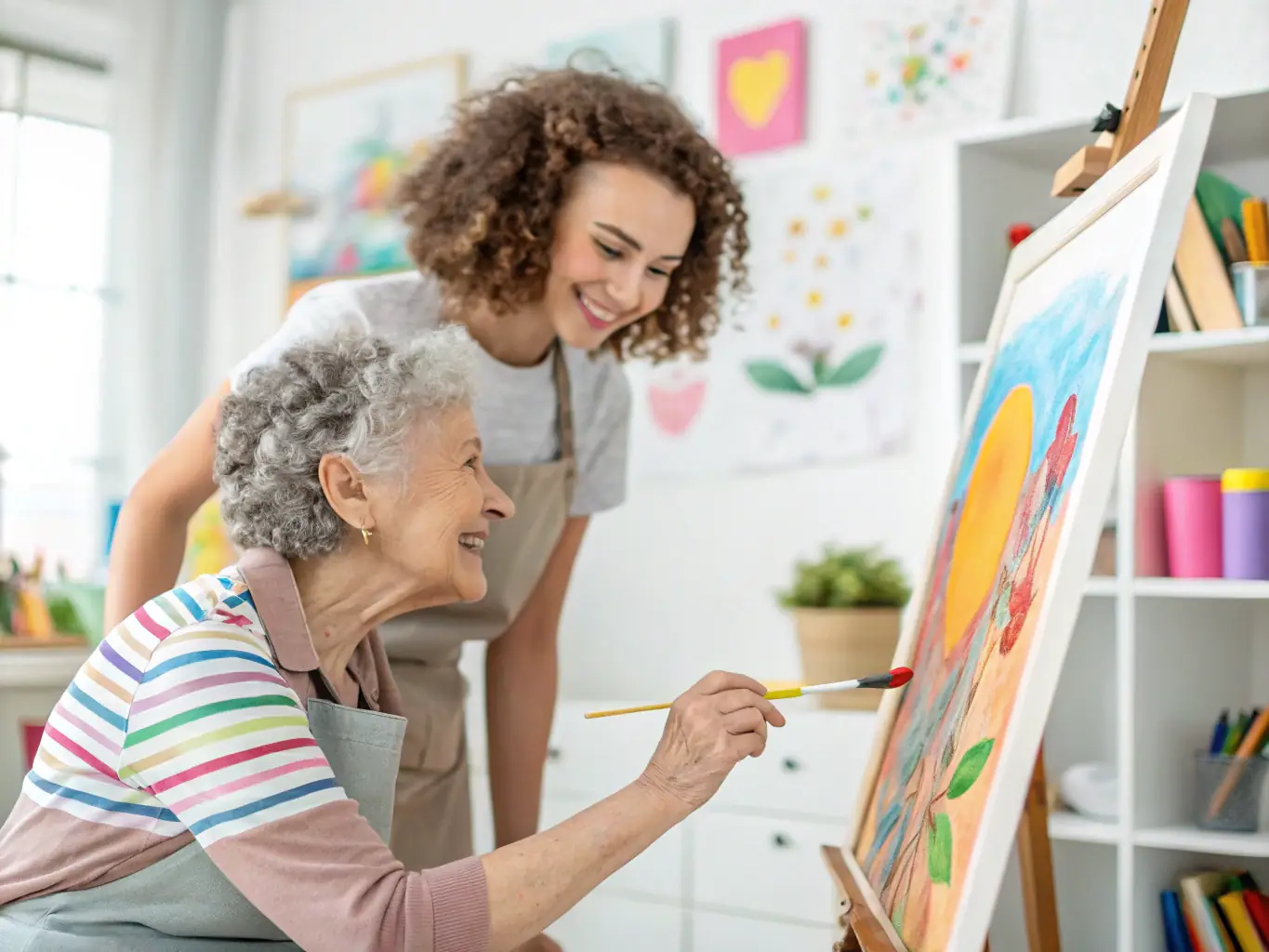 A vibrant image showing patients participating in an art therapy session with colorful paintings and smiling faces.