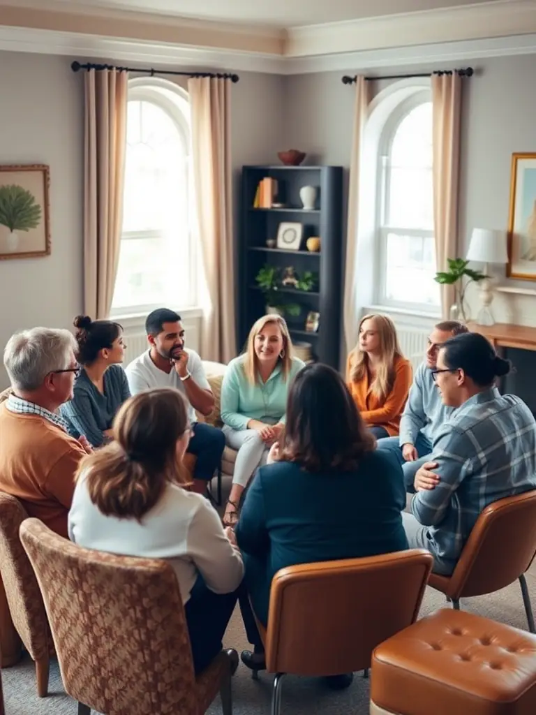 A group of patients laughing and interacting during a storytelling session, fostering a sense of community and connection.