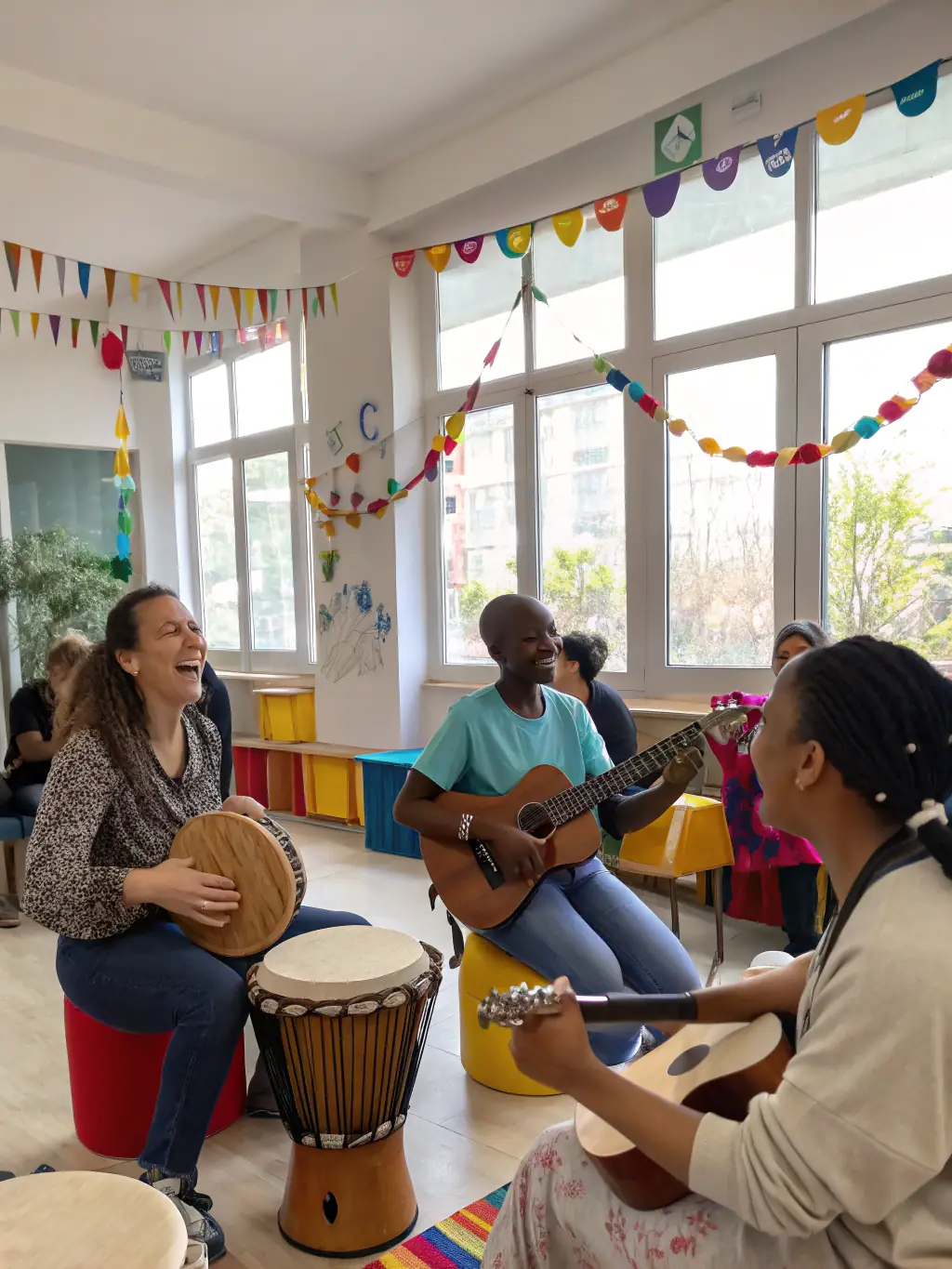 A heartwarming image of a musician playing a guitar for a small group of patients in a hospital setting, creating a joyful and engaging atmosphere.