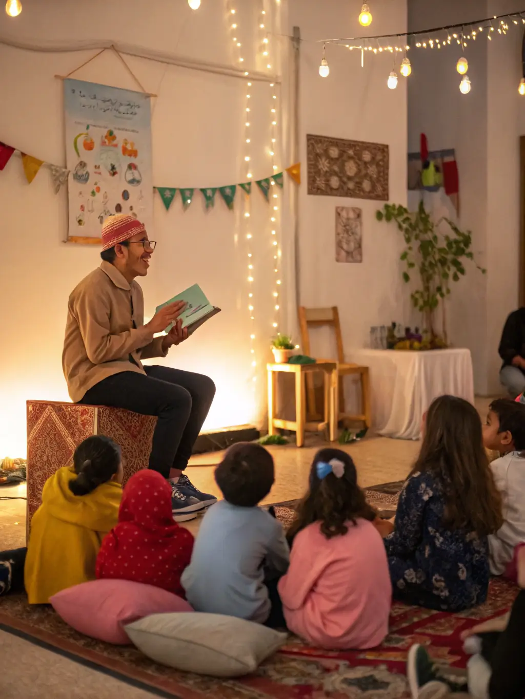 A storyteller captivating a group of children in a hospital setting with an animated tale. The children are smiling and attentive, emphasizing the power of storytelling to uplift spirits.