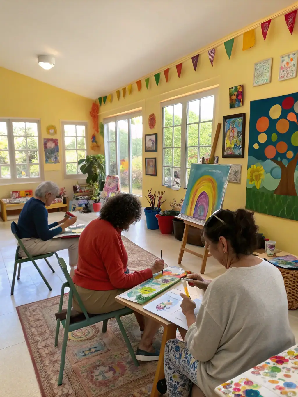 A group of patients engaged in a collaborative painting session, with a facilitator guiding them. The scene is brightly lit and filled with colorful artwork, showcasing the therapeutic benefits of art.