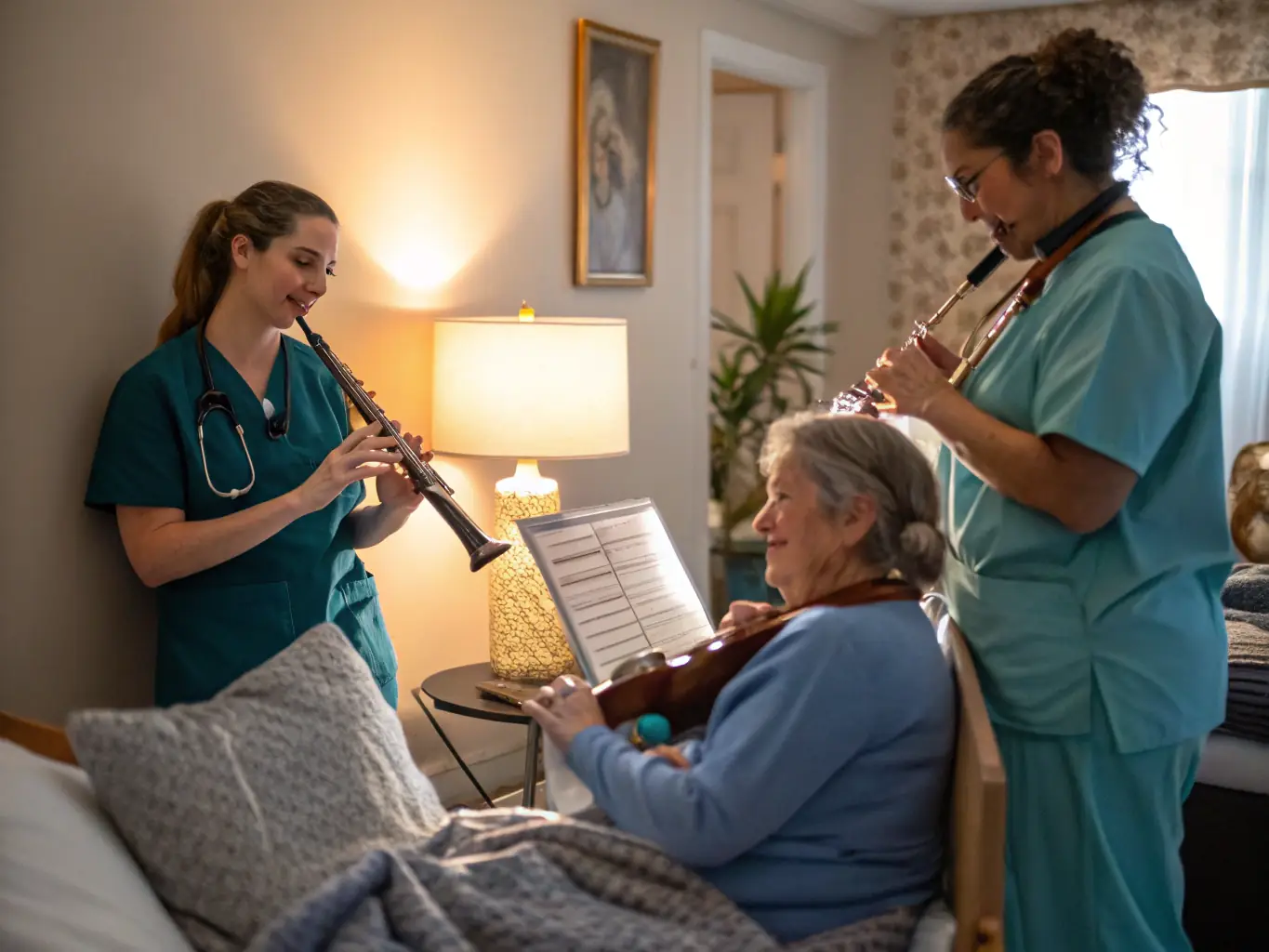 A photograph capturing a live musical performance in a hospital setting, with a musician playing a guitar and patients of various ages enjoying the music with smiles on their faces.